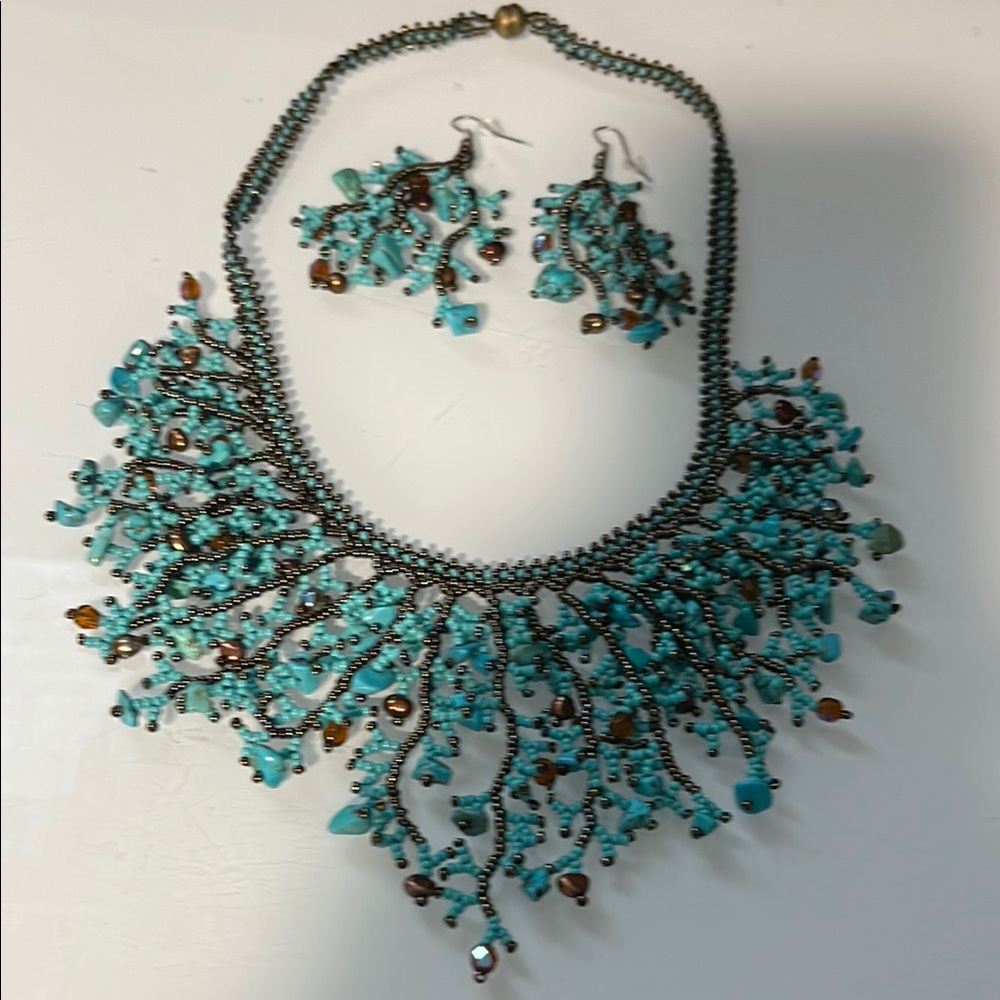 Elegant Turquoise and Brown Beaded Necklace and Earring Set